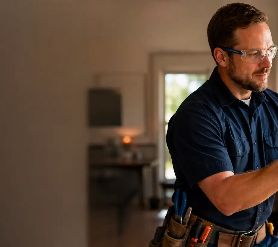 Electrician working on a wall outlet in a home